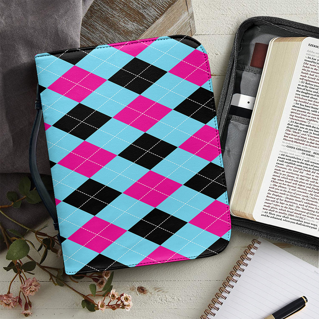 Blue Pink And Black Argyle Pattern Print Leather Bible Cover