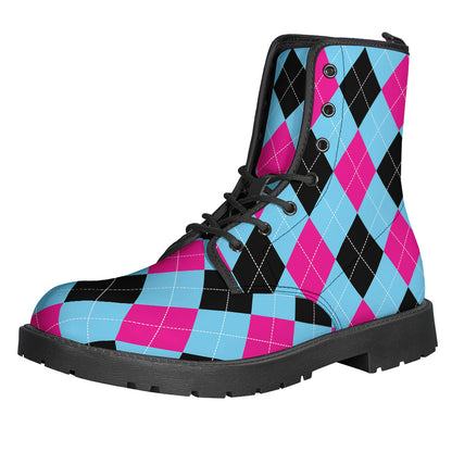 Blue Pink And Black Argyle Pattern Print Backpack