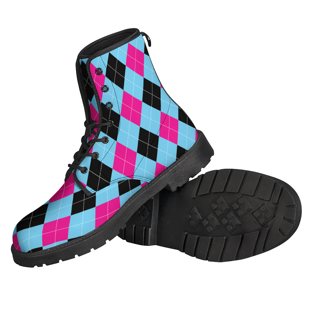 Blue Pink And Black Argyle Pattern Print Backpack