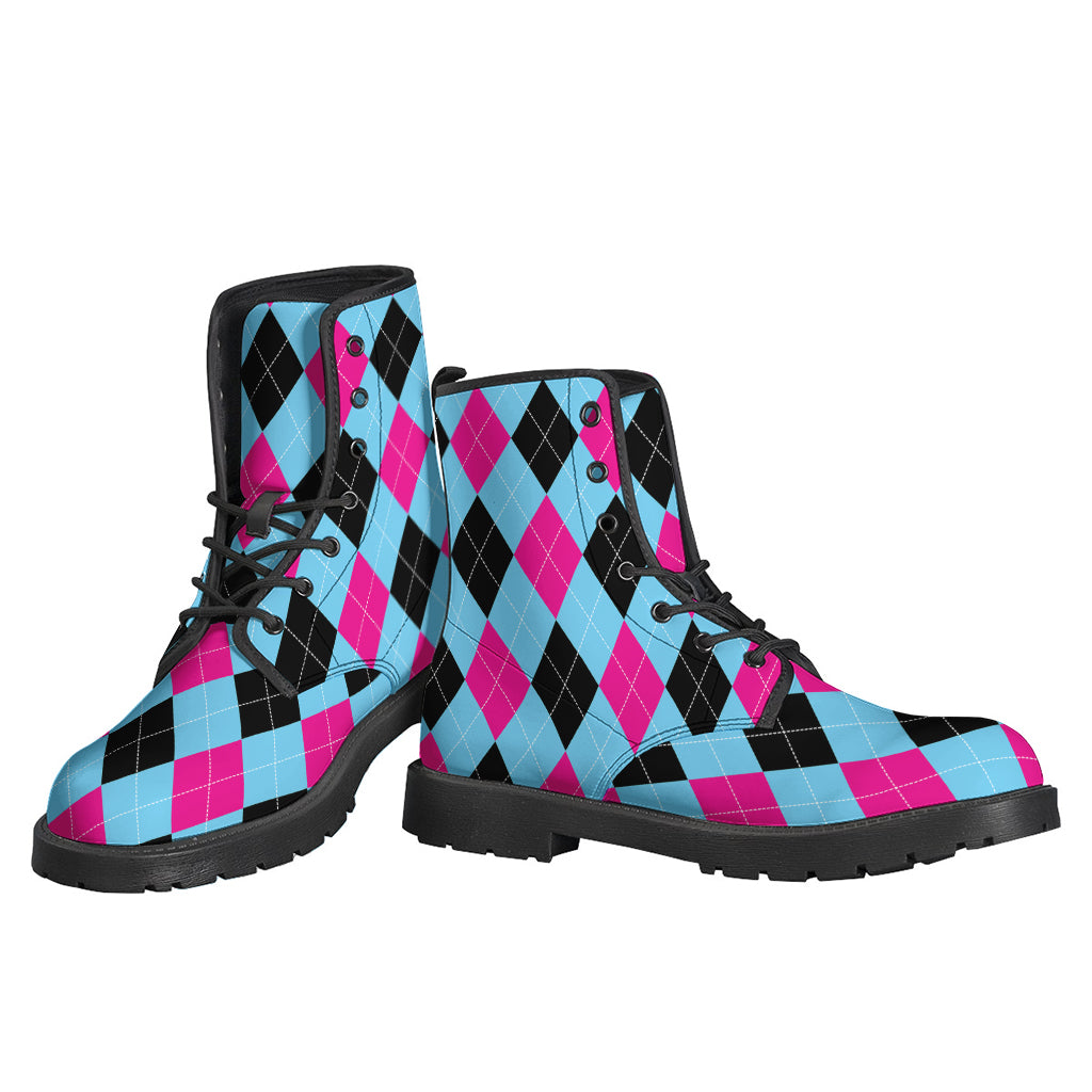 Blue Pink And Black Argyle Pattern Print Backpack