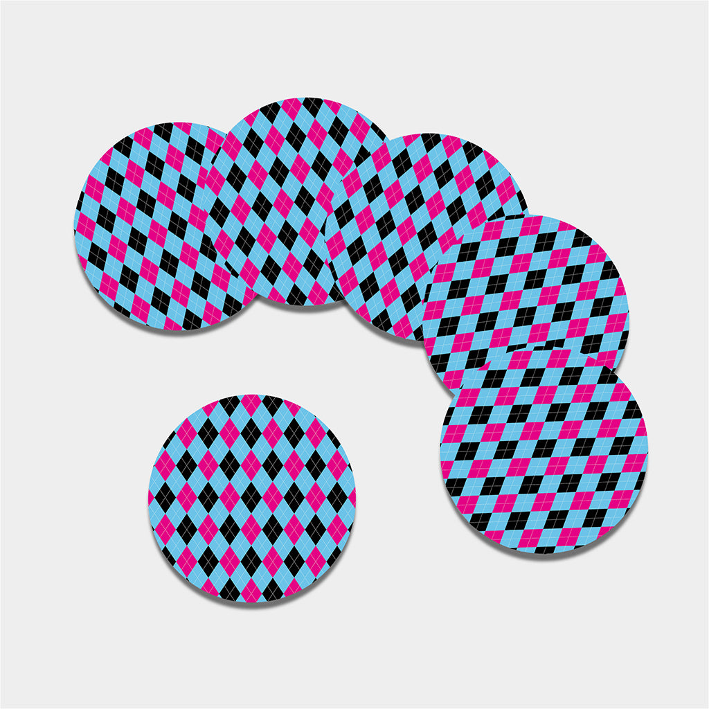 Blue Pink And Black Argyle Pattern Print Leather Coaster Set