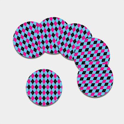 Blue Pink And Black Argyle Pattern Print Leather Coaster Set