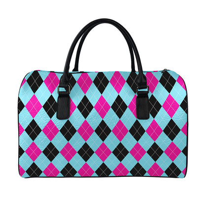 Blue Pink And Black Argyle Pattern Print Leather Duffle Bag