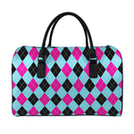 Blue Pink And Black Argyle Pattern Print Leather Duffle Bag