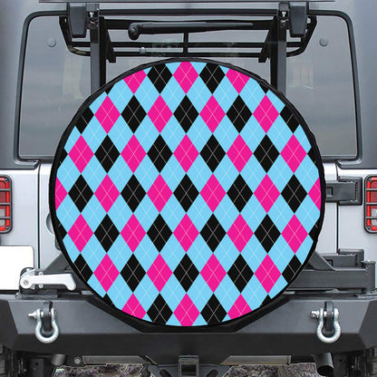 Blue Pink And Black Argyle Pattern Print Leather Spare Tire Cover