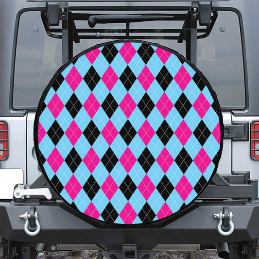 Blue Pink And Black Argyle Pattern Print Leather Spare Tire Cover