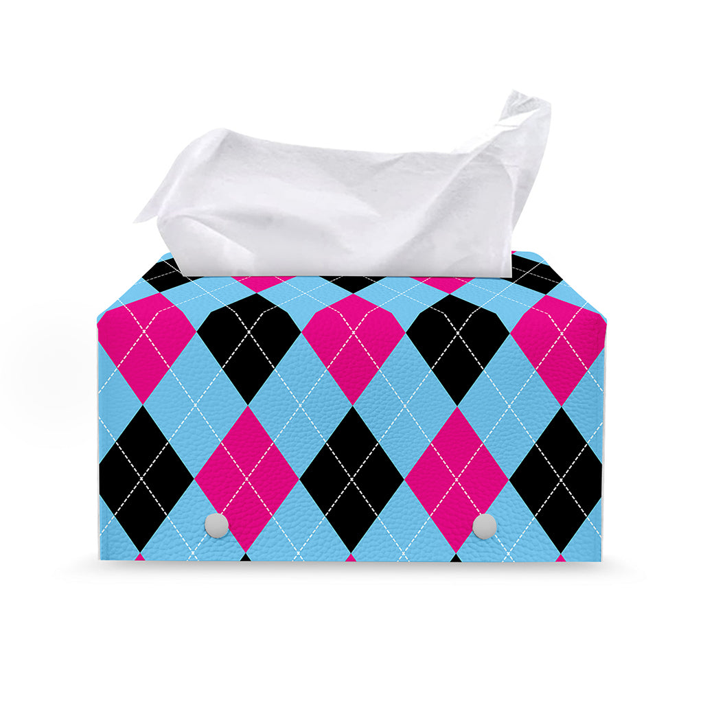 Blue Pink And Black Argyle Pattern Print Leather Tissue Box Cover