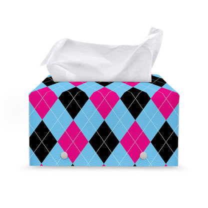 Blue Pink And Black Argyle Pattern Print Leather Tissue Box Cover