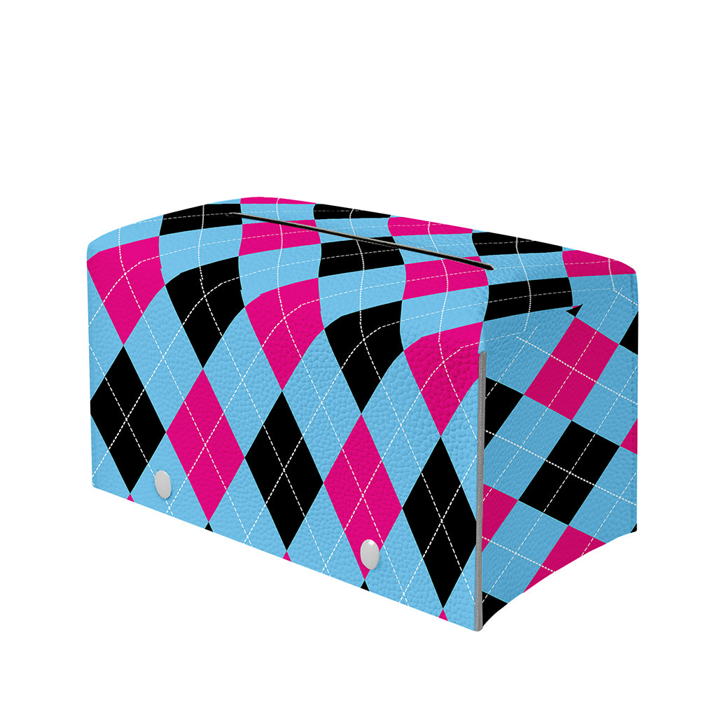 Blue Pink And Black Argyle Pattern Print Leather Tissue Box Cover