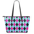 Blue Pink And Black Argyle Pattern Print Leather Tote Bag With Zipper