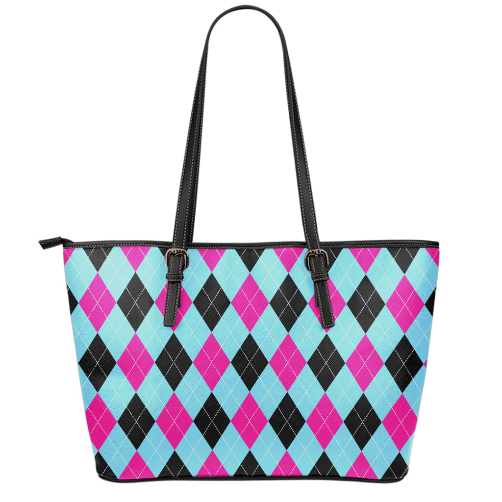 Blue Pink And Black Argyle Pattern Print Leather Tote Bag
