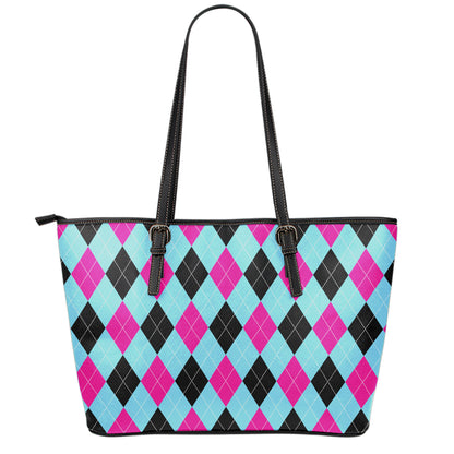 Blue Pink And Black Argyle Pattern Print Leather Tote Bag
