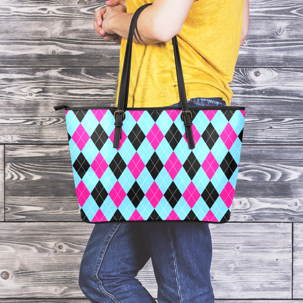 Blue Pink And Black Argyle Pattern Print Leather Tote Bag