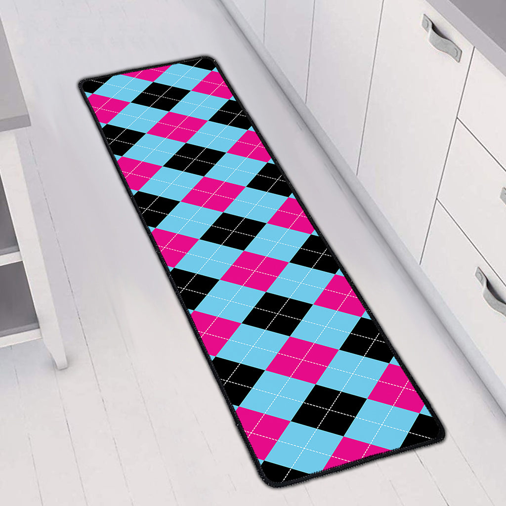 Blue Pink And Black Argyle Pattern Print Long Kitchen Mat