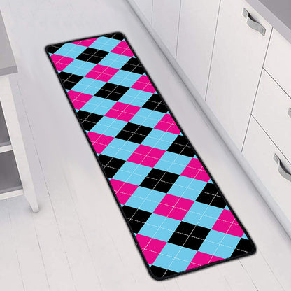 Blue Pink And Black Argyle Pattern Print Long Kitchen Mat