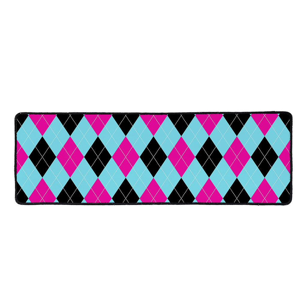 Blue Pink And Black Argyle Pattern Print Long Kitchen Mat