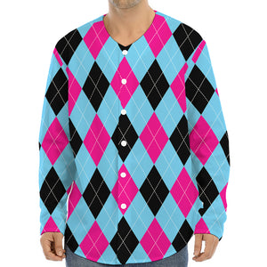 Blue Pink And Black Argyle Pattern Print Long Sleeve Baseball Jersey