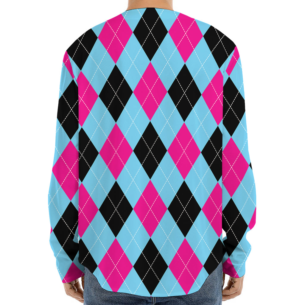 Blue Pink And Black Argyle Pattern Print Long Sleeve Baseball Jersey