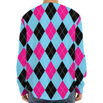 Blue Pink And Black Argyle Pattern Print Long Sleeve Baseball Jersey