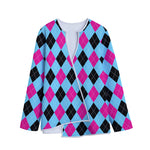 Blue Pink And Black Argyle Pattern Print Long Sleeve Short Coat