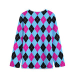Blue Pink And Black Argyle Pattern Print Long Sleeve Short Coat