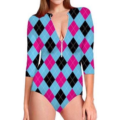 Blue Pink And Black Argyle Pattern Print Long Sleeve Swimsuit
