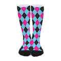 Blue Pink And Black Argyle Pattern Print Long Socks