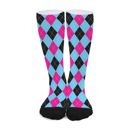 Blue Pink And Black Argyle Pattern Print Long Socks