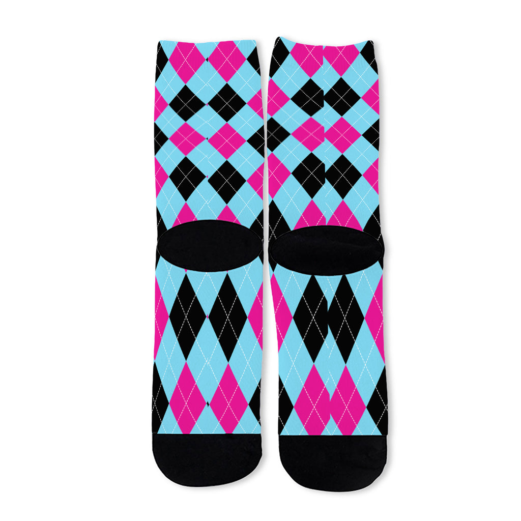 Blue Pink And Black Argyle Pattern Print Long Socks