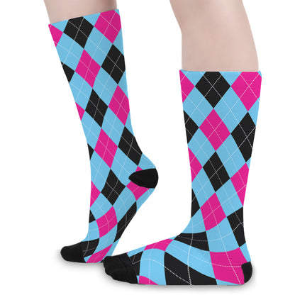 Blue Pink And Black Argyle Pattern Print Long Socks