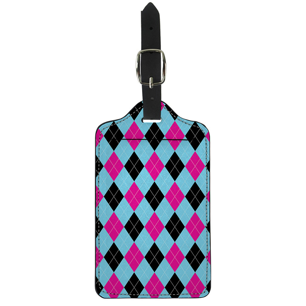 Blue Pink And Black Argyle Pattern Print Luggage Tag