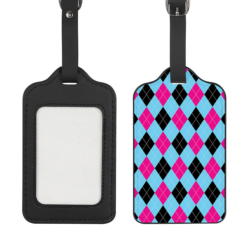 Blue Pink And Black Argyle Pattern Print Luggage Tag