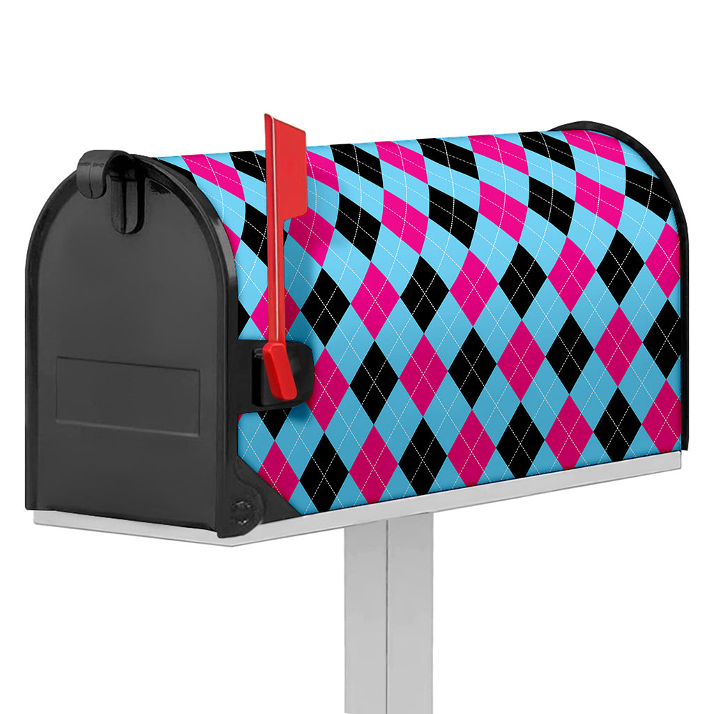 Blue Pink And Black Argyle Pattern Print Mailbox Cover