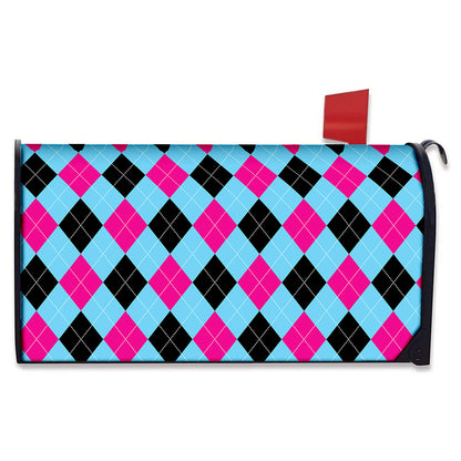 Blue Pink And Black Argyle Pattern Print Mailbox Cover
