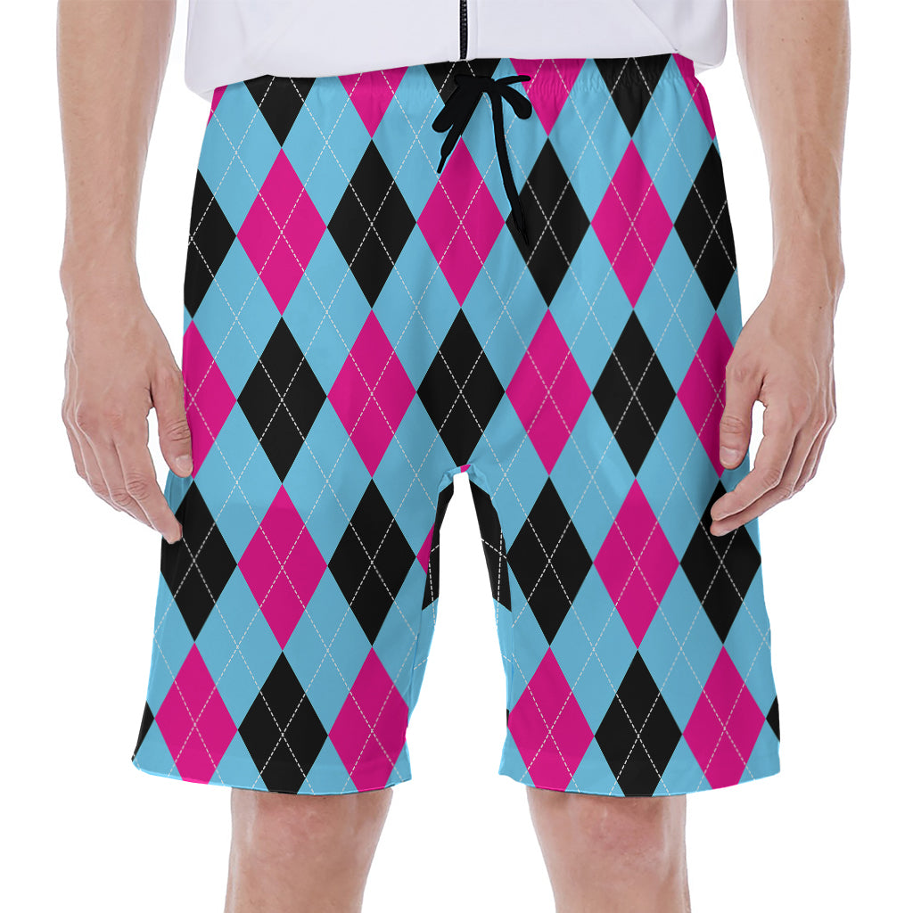 Blue Pink And Black Argyle Pattern Print Men's Beach Shorts
