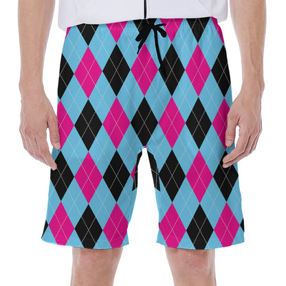 Blue Pink And Black Argyle Pattern Print Men's Beach Shorts