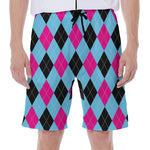 Blue Pink And Black Argyle Pattern Print Men's Beach Shorts