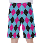 Blue Pink And Black Argyle Pattern Print Men's Beach Shorts