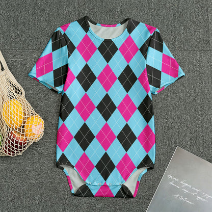 Blue Pink And Black Argyle Pattern Print Men's Bodysuit