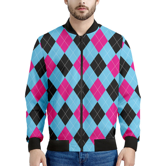 Blue Pink And Black Argyle Pattern Print Men's Bomber Jacket