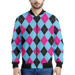 Blue Pink And Black Argyle Pattern Print Men's Bomber Jacket