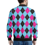 Blue Pink And Black Argyle Pattern Print Men's Bomber Jacket