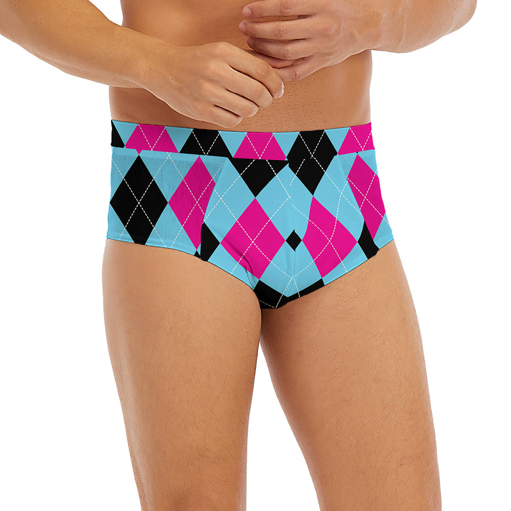 Blue Pink And Black Argyle Pattern Print Men's Briefs