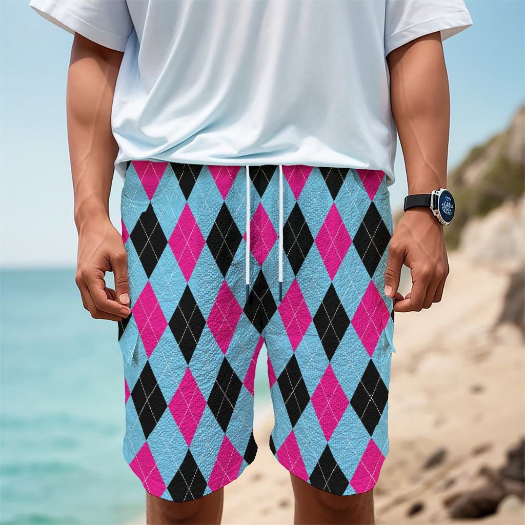 Blue Pink And Black Argyle Pattern Print Men's Cargo Shorts