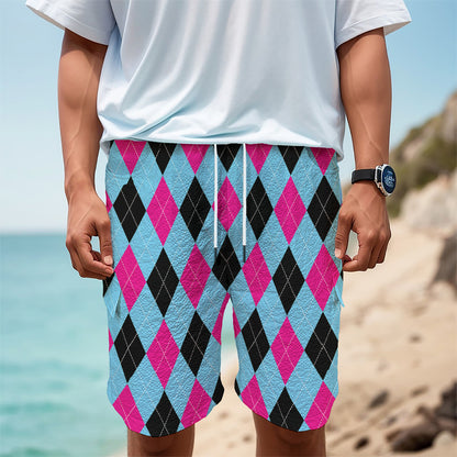 Blue Pink And Black Argyle Pattern Print Men's Cargo Shorts