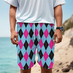 Blue Pink And Black Argyle Pattern Print Men's Cargo Shorts
