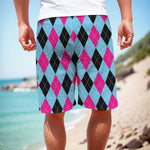 Blue Pink And Black Argyle Pattern Print Men's Cargo Shorts
