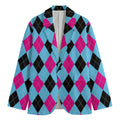 Blue Pink And Black Argyle Pattern Print Men's Cotton Blazer