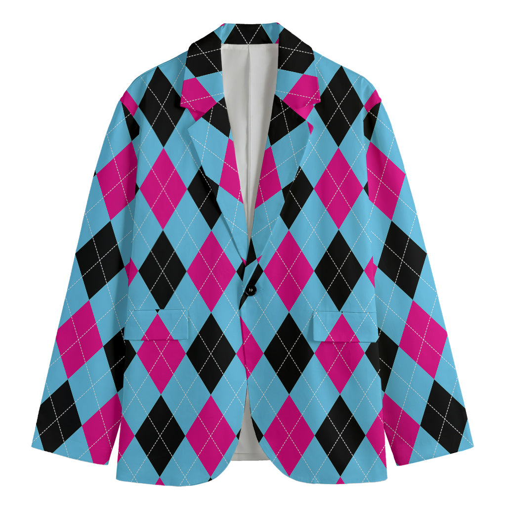 Blue Pink And Black Argyle Pattern Print Men's Cotton Blazer