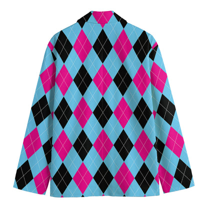 Blue Pink And Black Argyle Pattern Print Men's Cotton Blazer